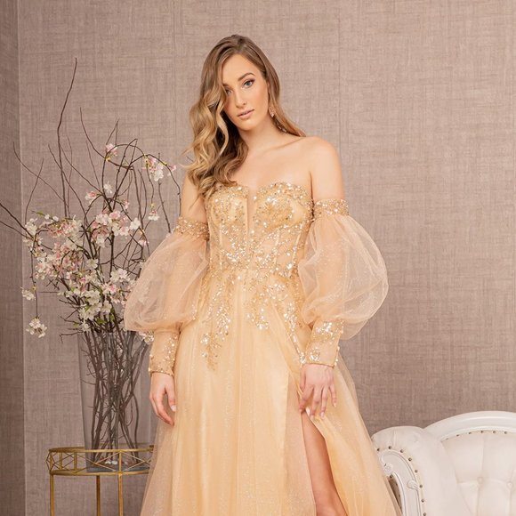 GLS Collective Dresses & Skirts - NEW OFF THE SHOULDER A-LINE EMBROIDERED SEQUINS DRESS WITH LACE UP BACK GL3118